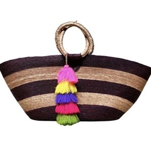 Summer Beach Vacation Bag, Large Brown, Tan Stripes wVibrant Tassel